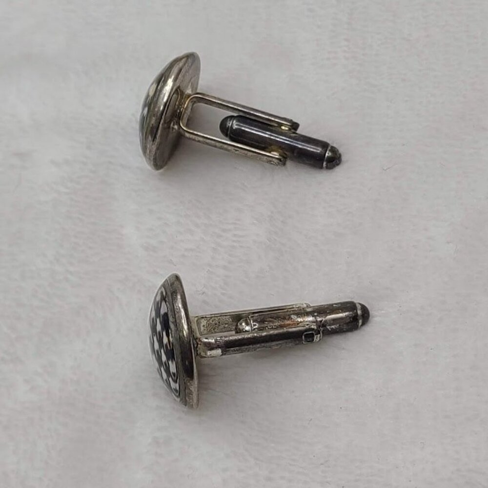 Vintage Houndstooth Pattern Round Cufflinks Black White Silver Tone - Picture 7 of 8